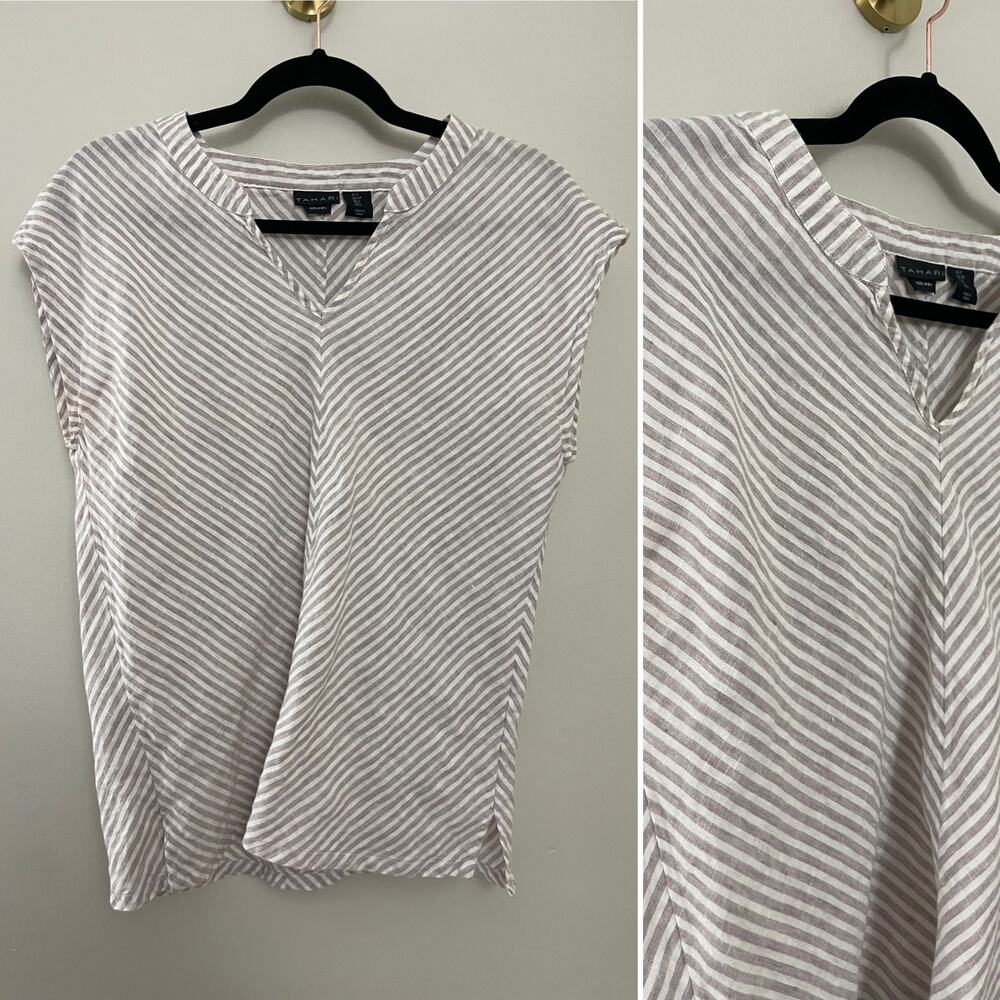 100%‎ Linen Tahari Beige & Cream Stripe Minimalist Lagenlook V-Neck Boxy Top S/M